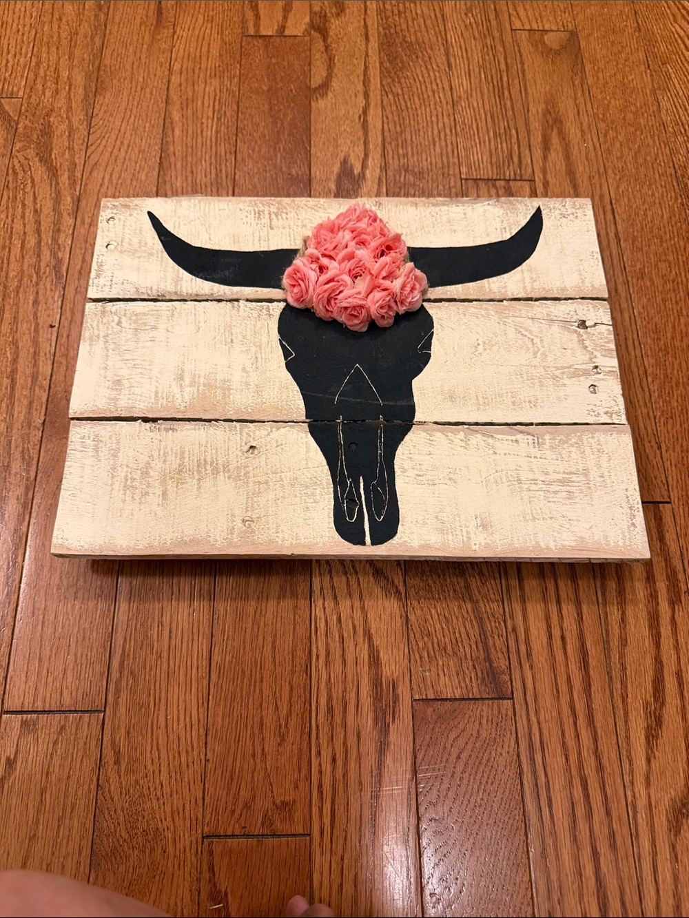 Rustic Bull Skull Wall Art with Pink Floral Accent